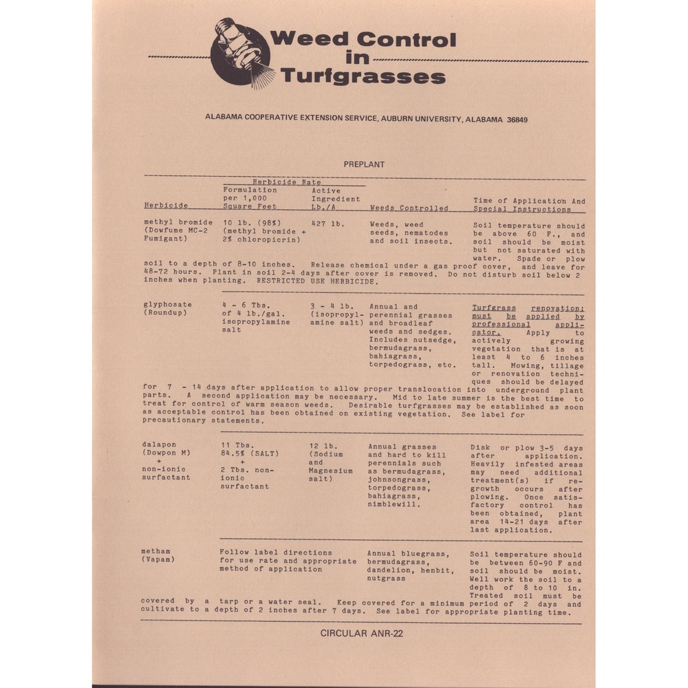 Vtg Auburn University Weed Control in Turfgrasses Circular ANR-22 Alabama 1987
